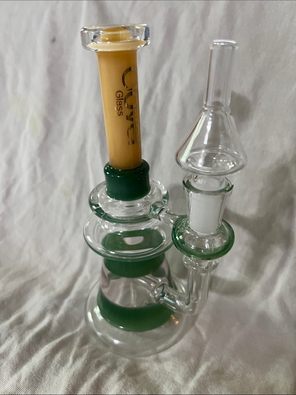 Clear Glass Recycler Rig with Yellow Accent and Green Bands